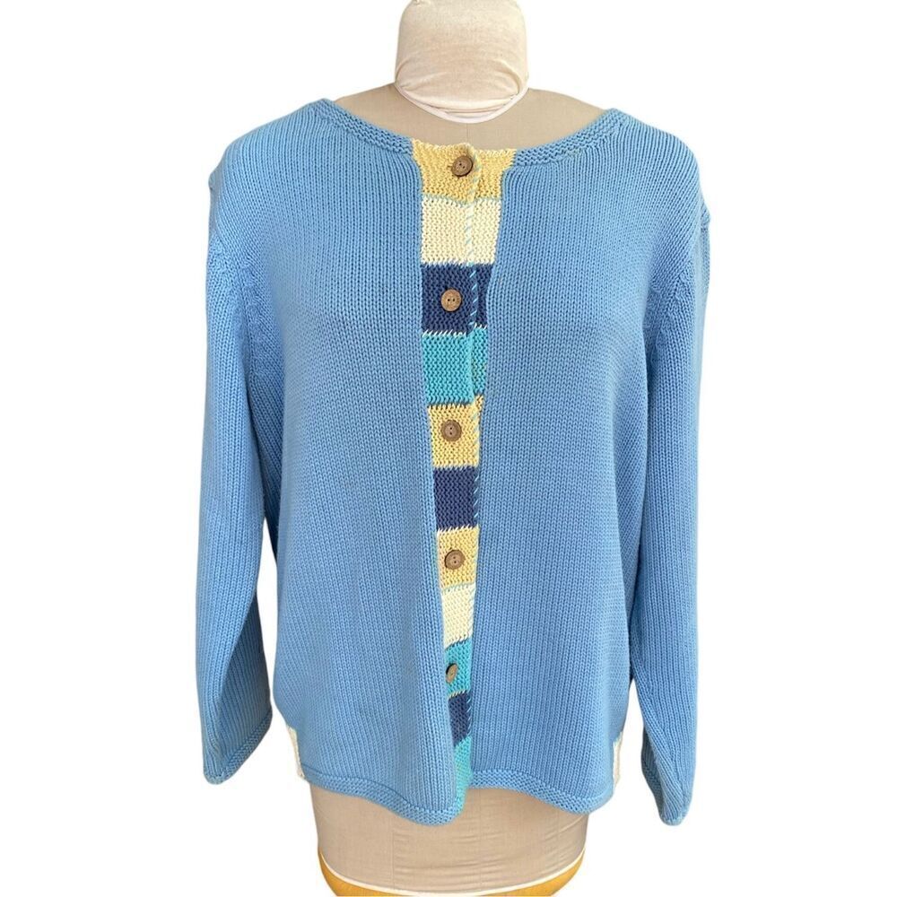 Orvis Women’s Vintage Knit Cardigan Baby Blue w/Color Block Detail Sz.XL Y2K Bix